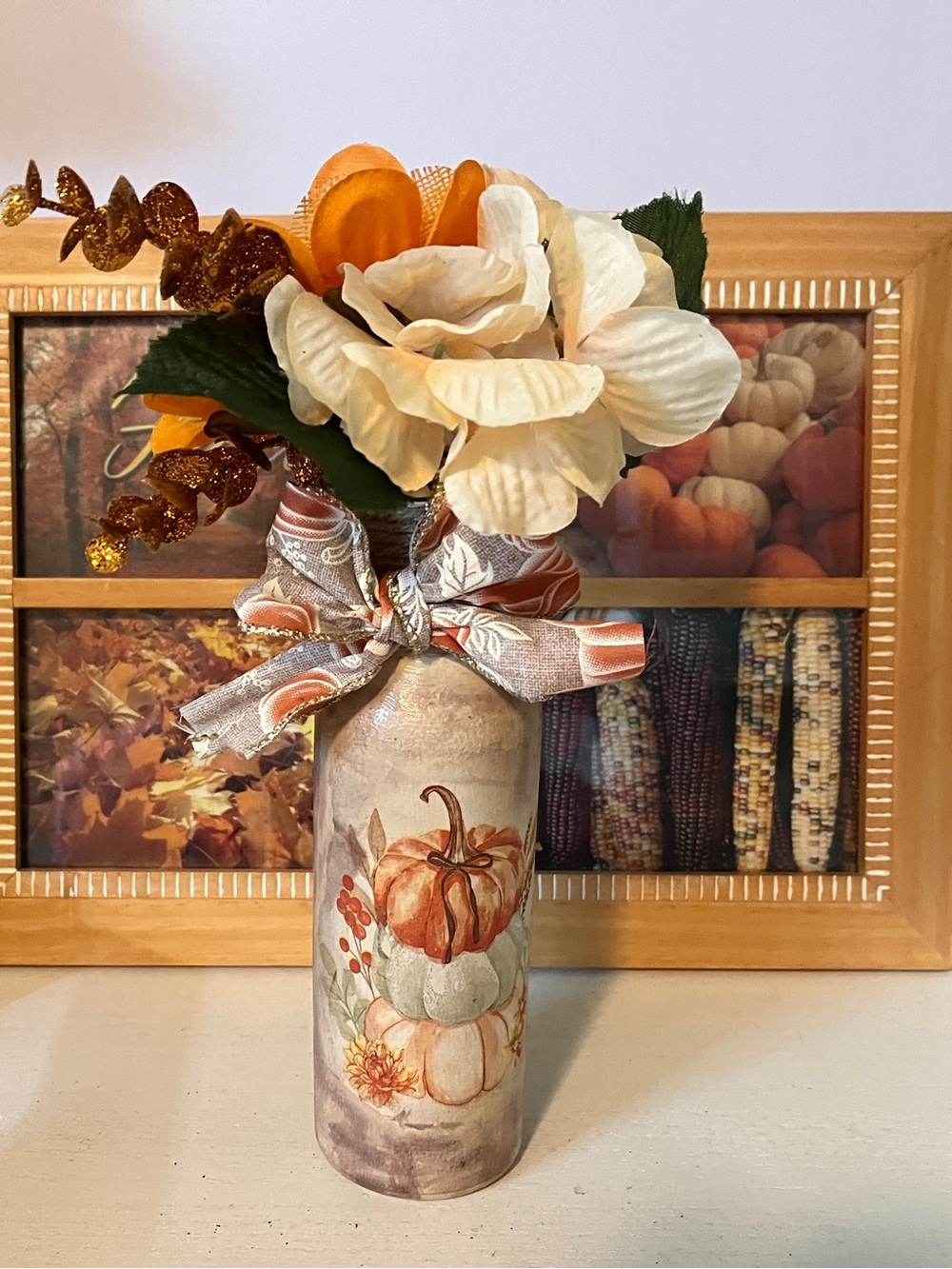 Autumn Pumpkin Decorative Vase with Cream Floral Accents
